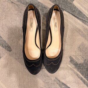 Prada Black Suede Platform Heels with Brown Whipstitching - Size 40